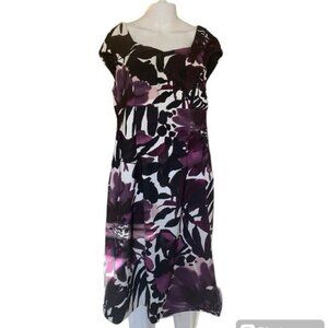 Connected Apparel Women's Size 14W Midi Dress Black Purple Floral Short Sleeve